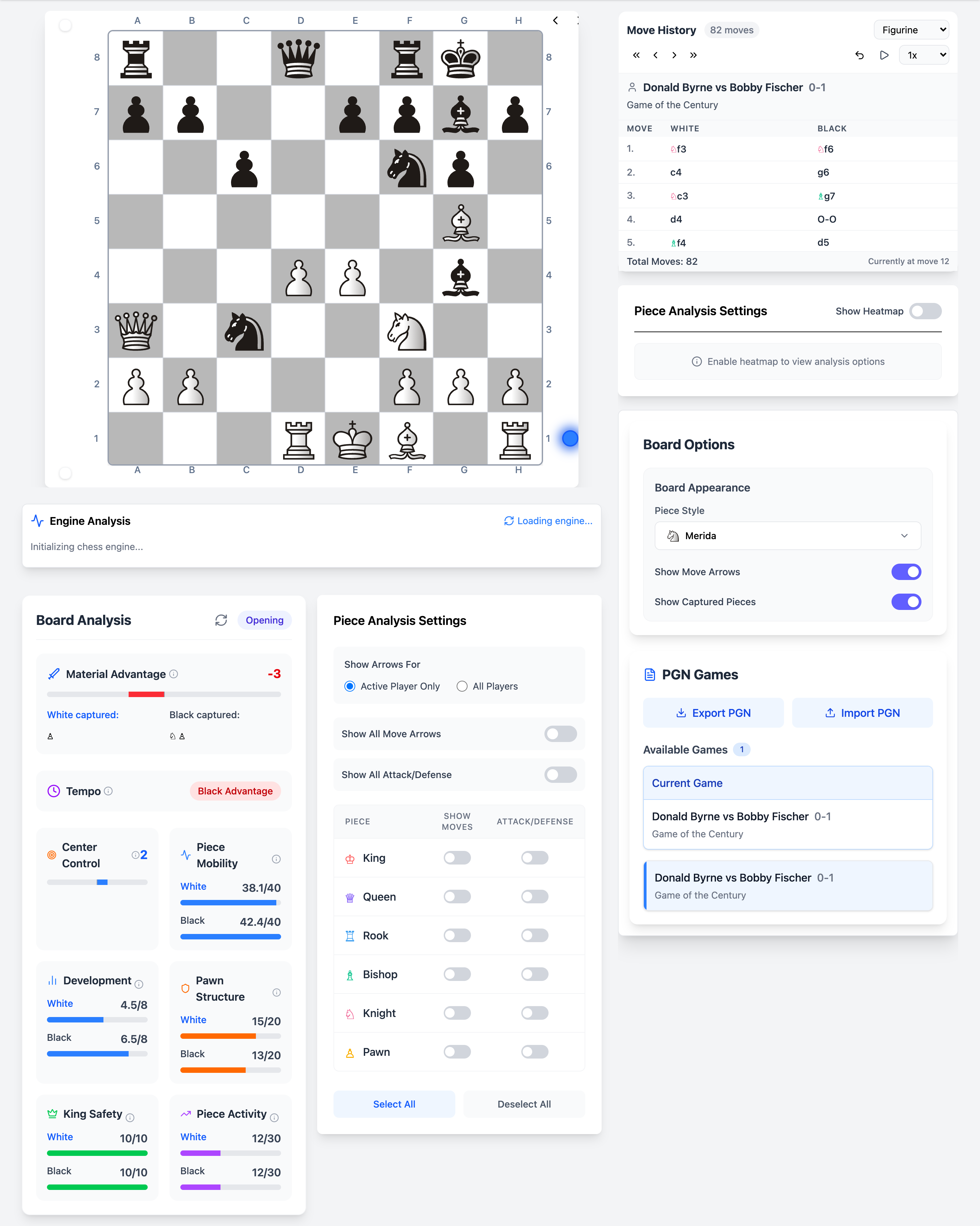 Chessyi analysis board with Stockfish engine, heatmaps, and move history
